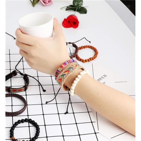 18Pcs Leather Bead Tribal Bracelet for Men Women Charm Ethnic Wood Beaded - Picture 2 of 6